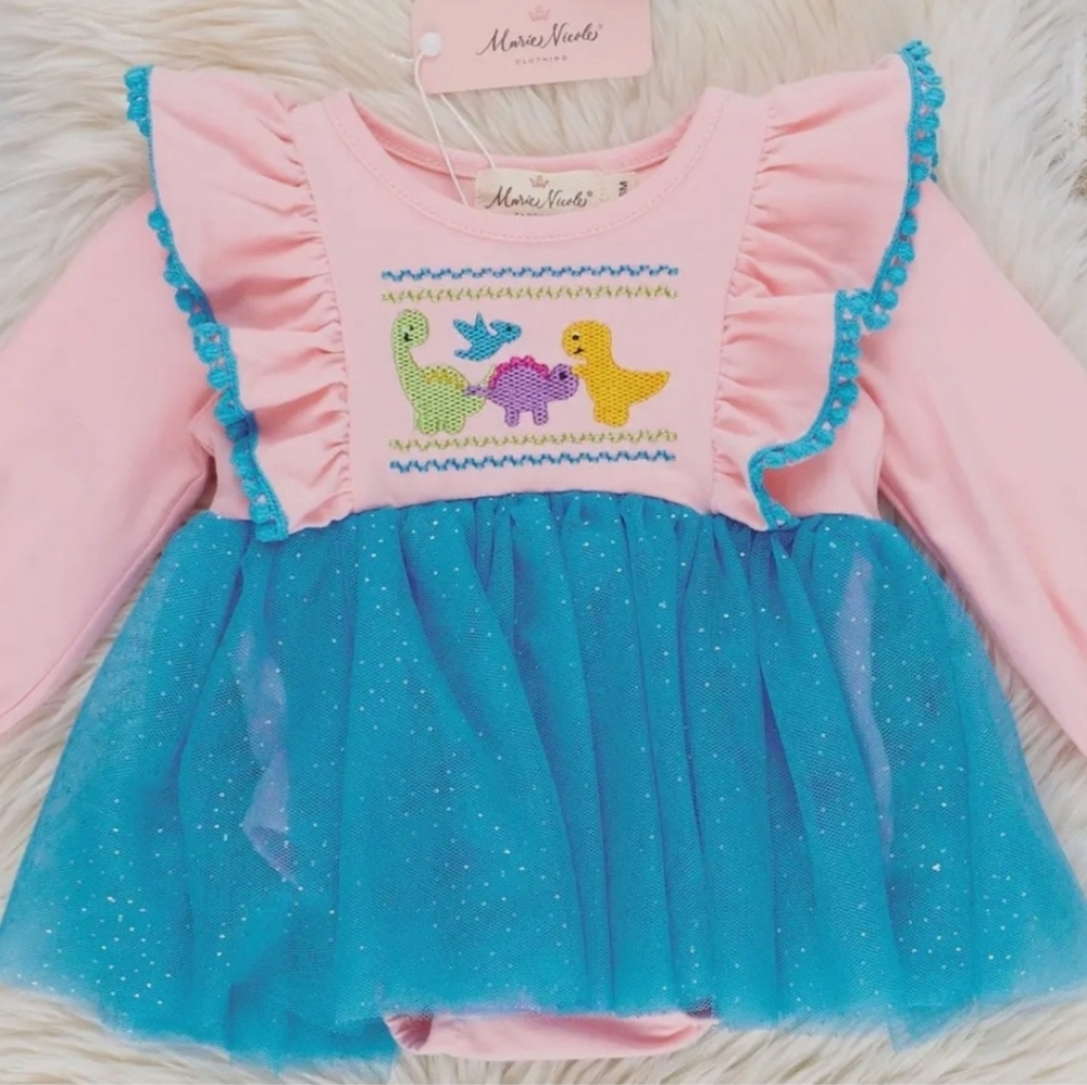 Marie Nicole Pink and Blue Sparkle Dinosaur Tulle Bubble 🦕